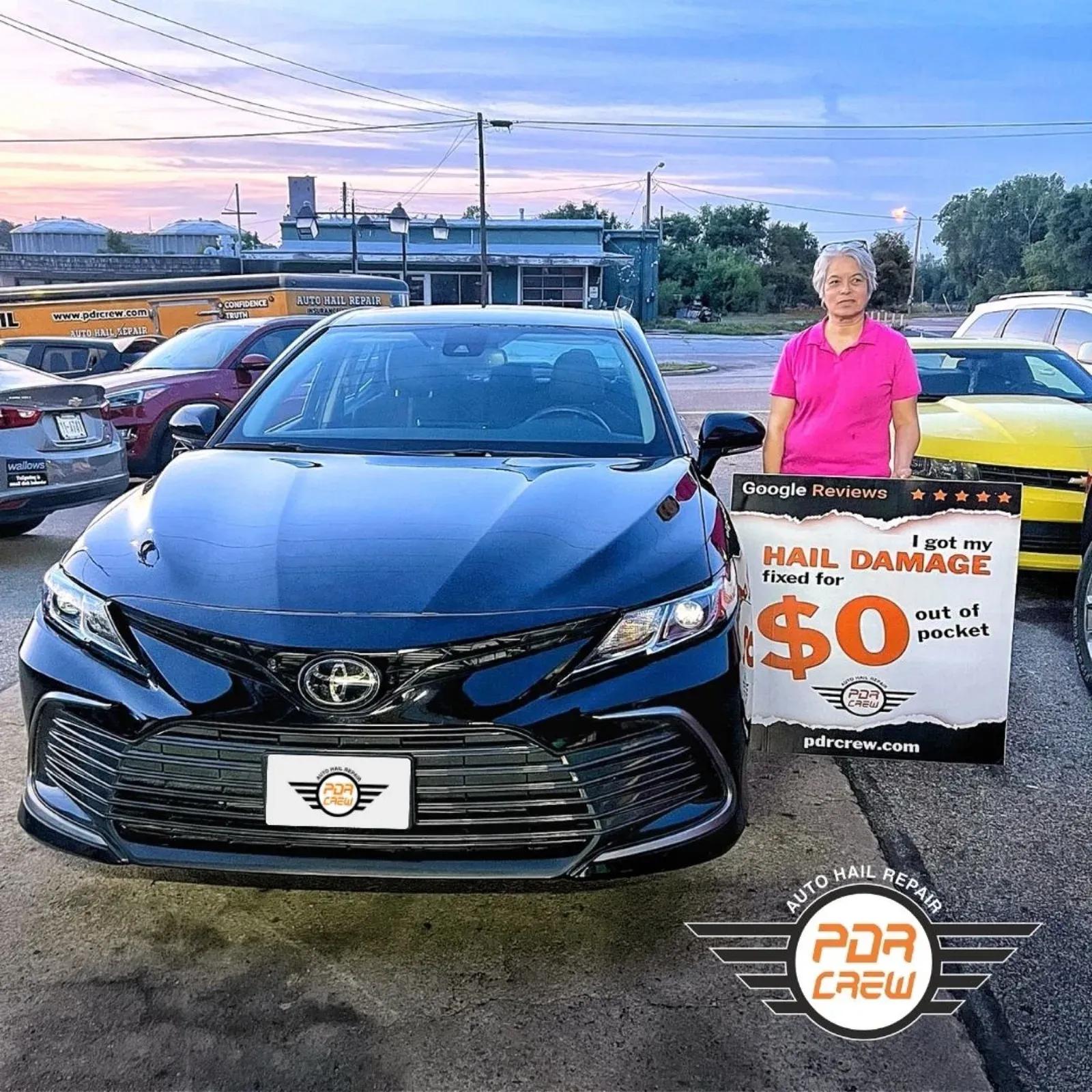 PDR Crew customer with her blue Toyota Camry after hail repair