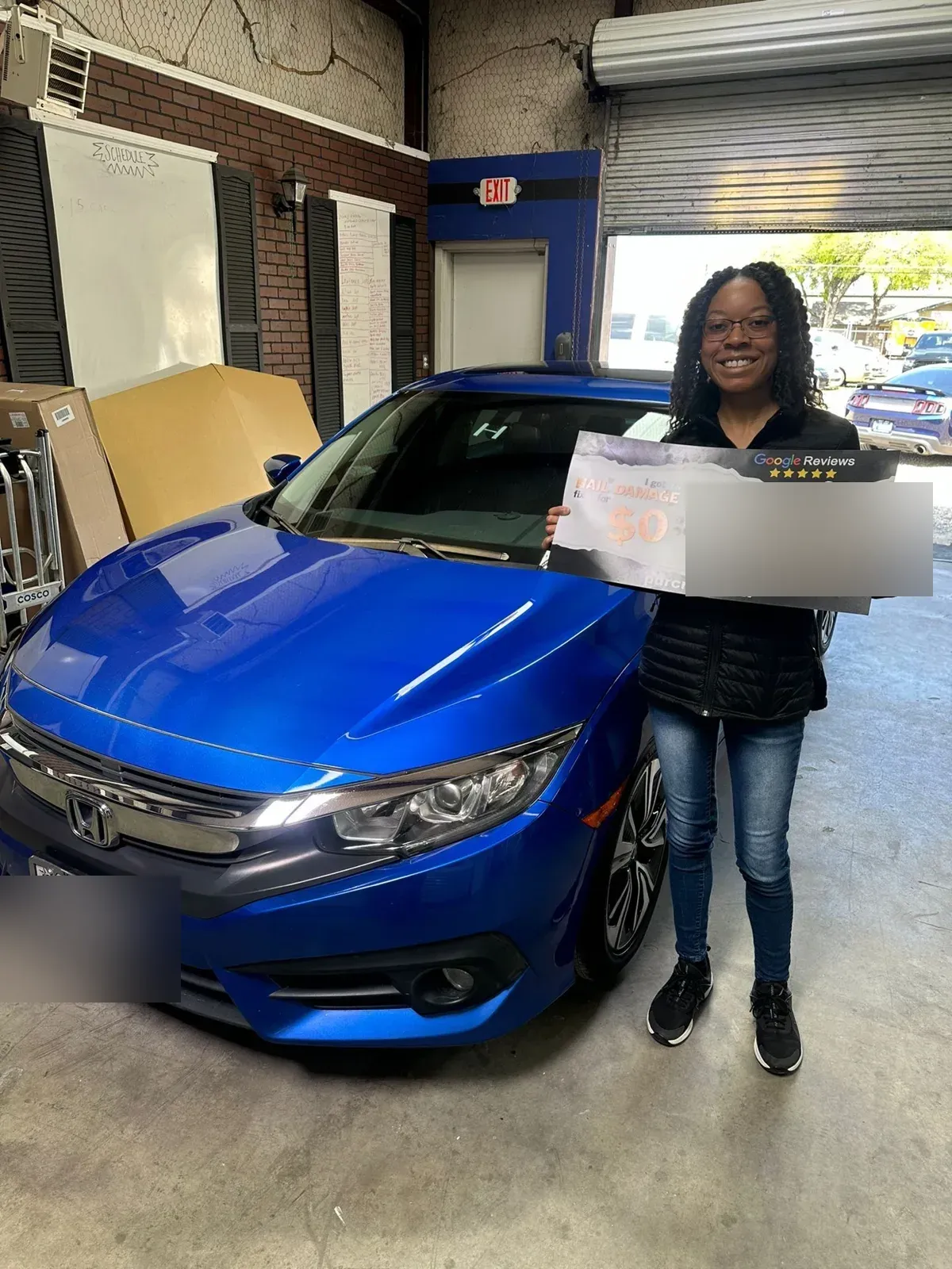 PDR Crew customer with her blue Honda Civic after hail repair