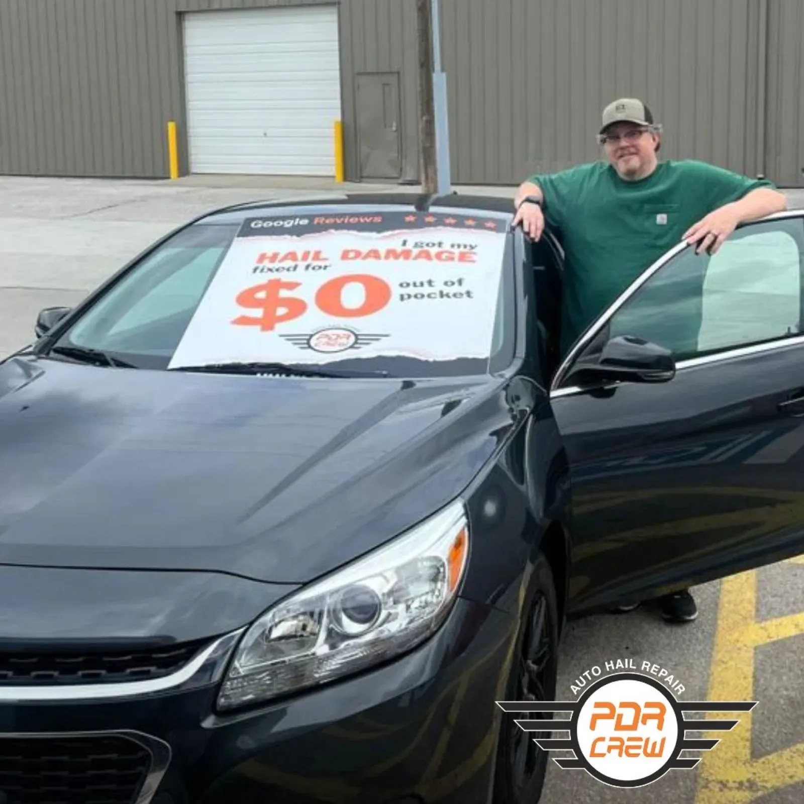 PDR Crew customer with his Chevrolet Malibu after hail repair