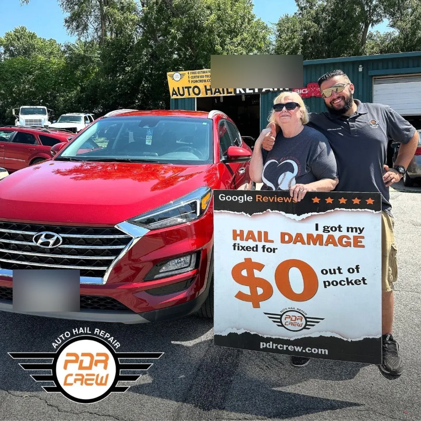 Customers with their red Hyundai Tucson after hail repair