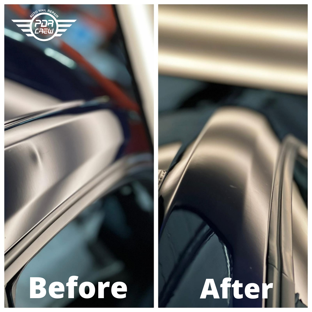 A side-by-side comparison image showing the "before" and "after" results of a dent repair on a car's roof rail. The "before" image on the left shows a noticeable dent on the roof rail. The "after" image on the right shows the same area, now smooth and dent-free. The PDR Crew logo is displayed in the top left corner of the "before" image. The lighting highlights the precision of the repair, demonstrating the effectiveness of the paintless dent repair process.