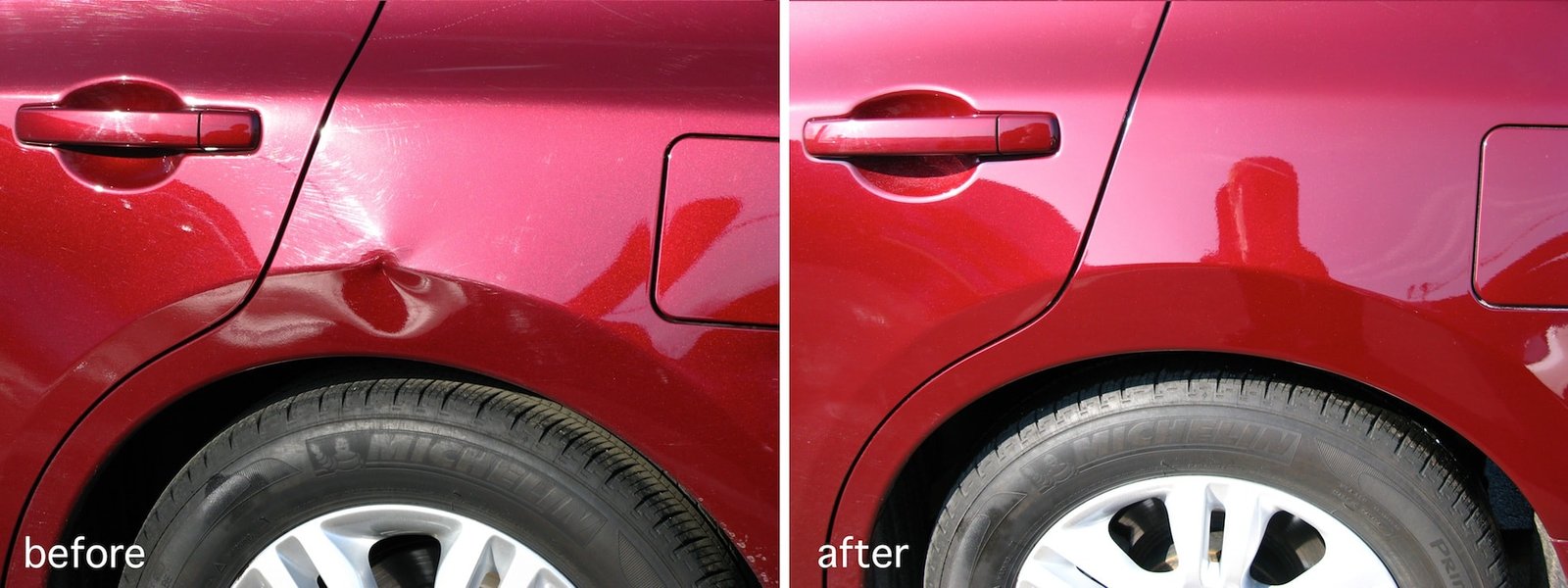 A side-by-side comparison of a red car showing the "before" and "after" results of dent repair. The left image shows the car with a noticeable dent and scratches above the rear wheel. The right image shows the same area of the car after repair, with the dent and scratches completely removed, restoring the car's smooth and shiny surface.