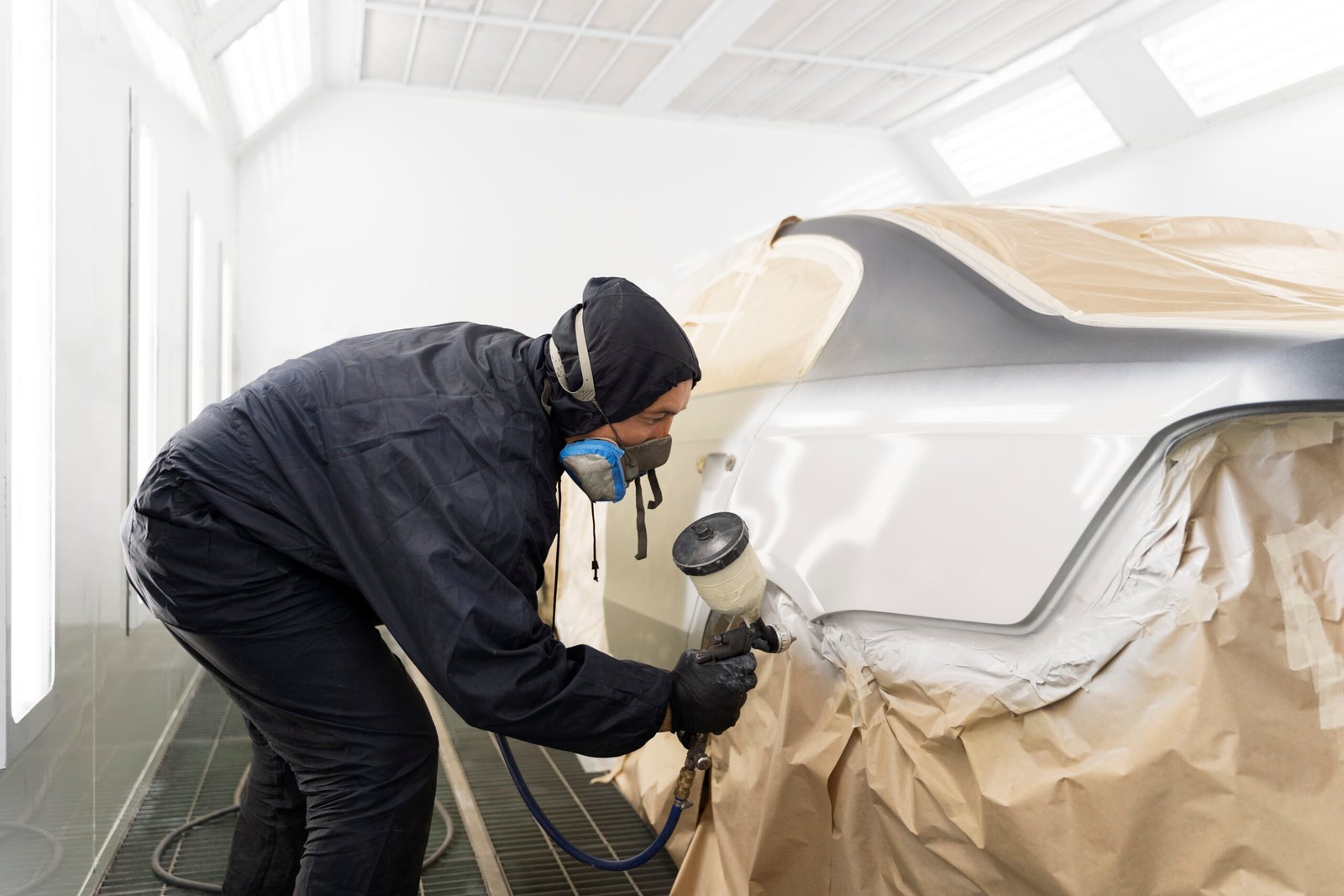 A technician is wearing a protective suit and respirator while painting a car in a spray booth. The car is partially masked off with paper and tape to protect areas not being painted. The technician is using a spray gun to apply a smooth coat of paint to the car's surface. The well-lit, controlled environment of the spray booth ensures a high-quality finish, and the technician's focus and precision are evident in his careful application of the paint.