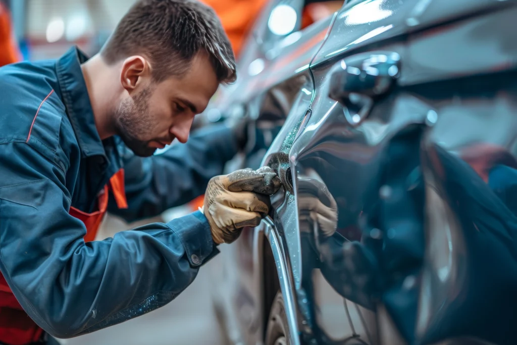 skilled auto mechanic using spotter tool repair car body panel after accident